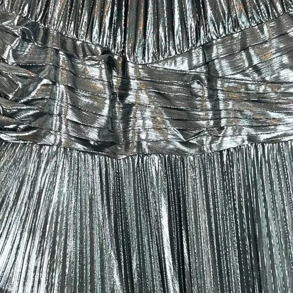 $798 Retrofete Reiss Dress Silver Lame Pleated Halter Cape Designer Dress XL